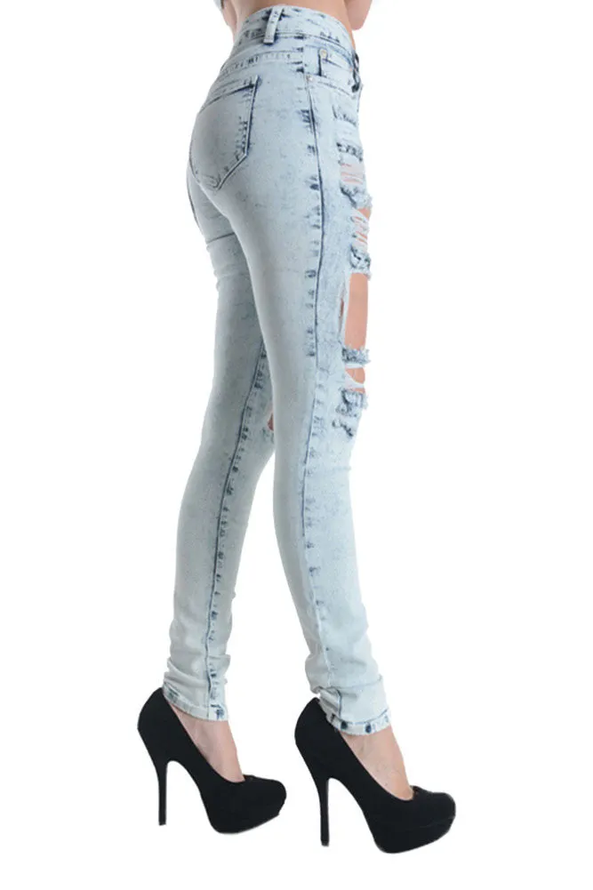 Acid Wash Destroyed Skinny Fit Jeans