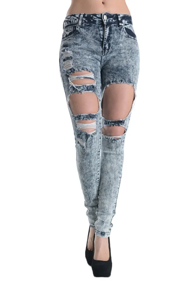 Acid Wash Destroyed Skinny Fit Jeans