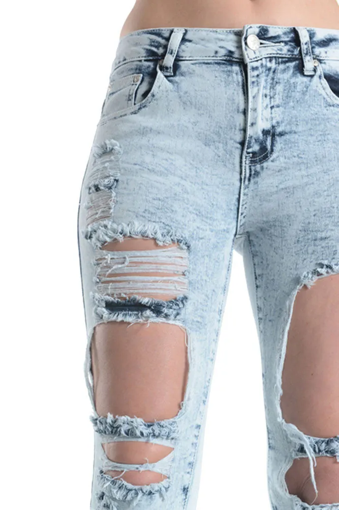 Acid Wash Destroyed Skinny Fit Jeans