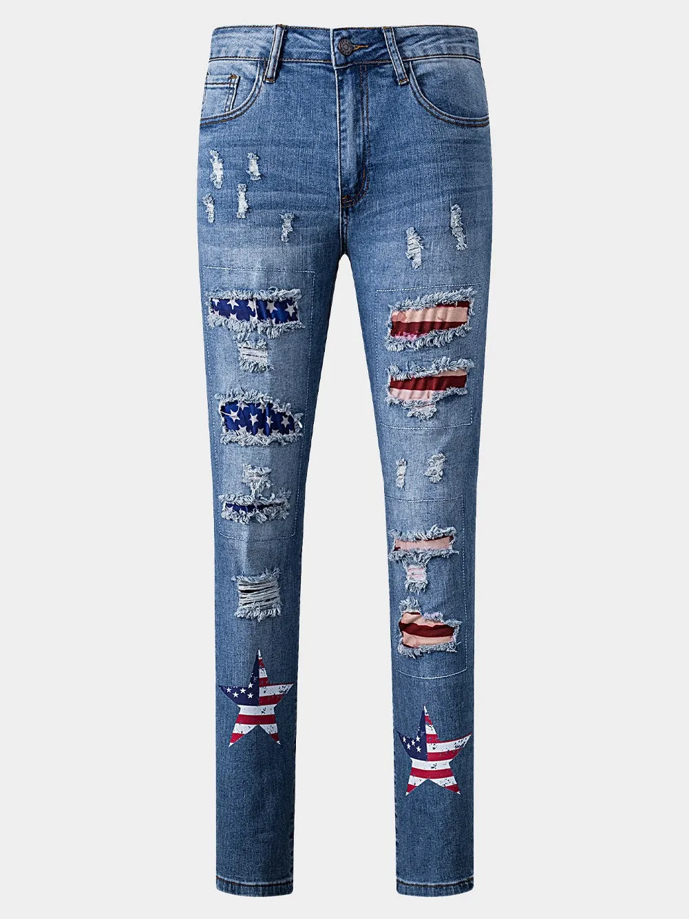 American Flag Graphic Patched Distressed Jeans in Sky Blue