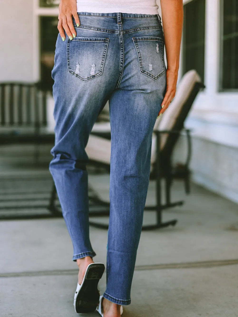 American Flag Graphic Patched Distressed Jeans in Sky Blue