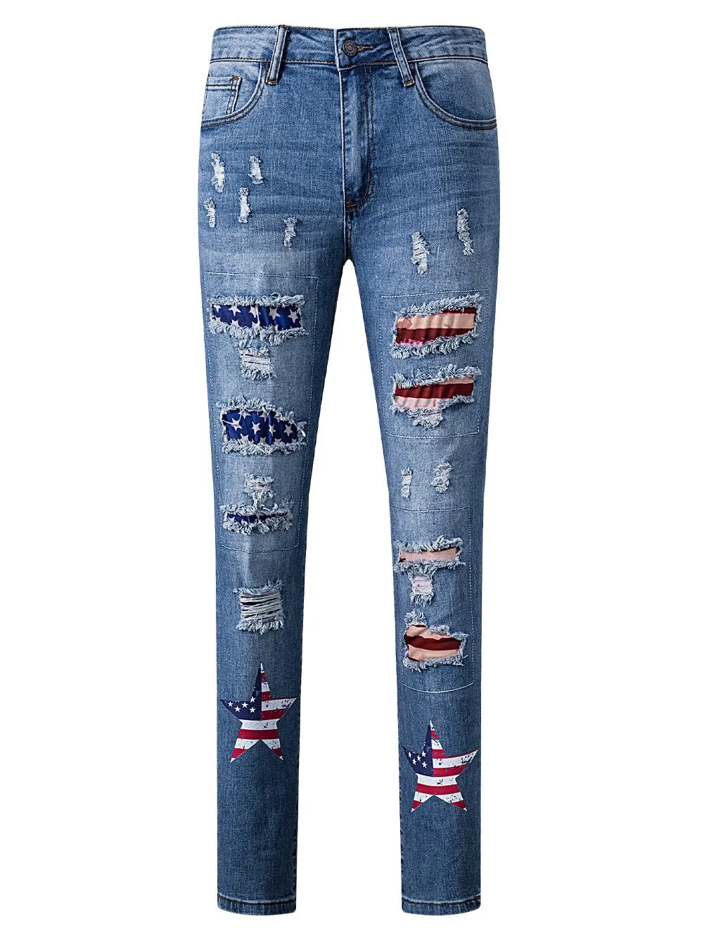 American Flag Graphic Patched Distressed Jeans in Sky Blue