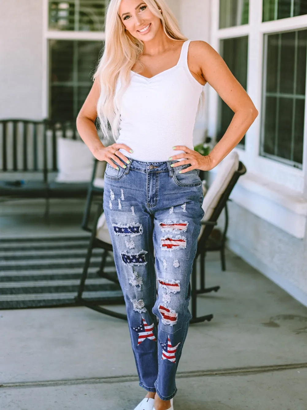 American Flag Graphic Patched Distressed Jeans in Sky Blue