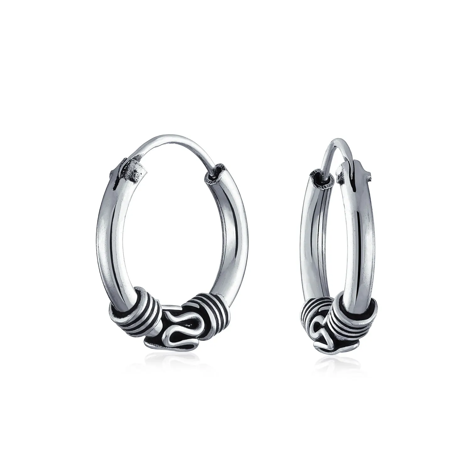 Bali Tribal Swirl Hoop Huggie Earrings Oxidized Sterling Silver Multiple Sizes