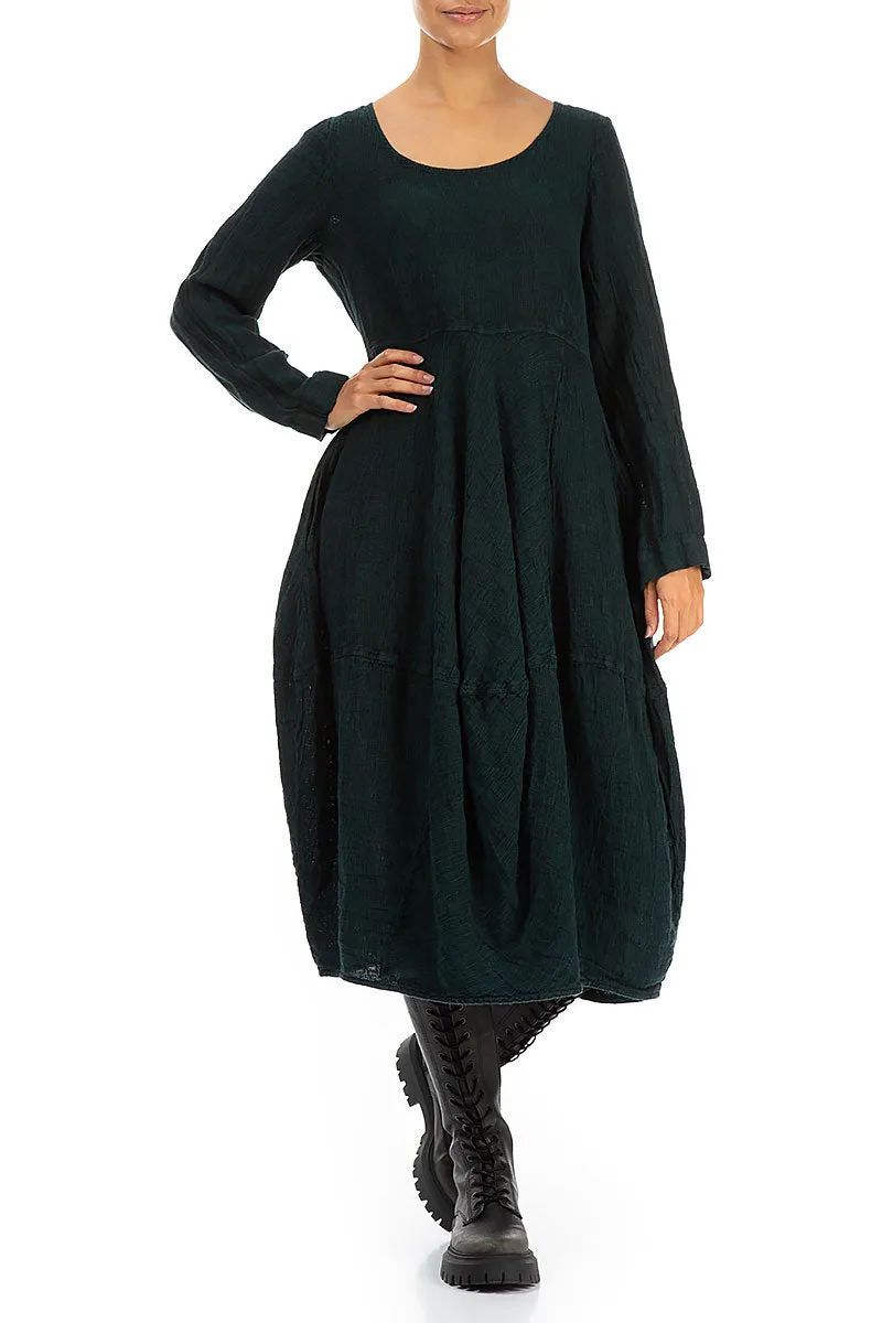 Balloon Long Sleeves Emerald Mélange Linen Dress