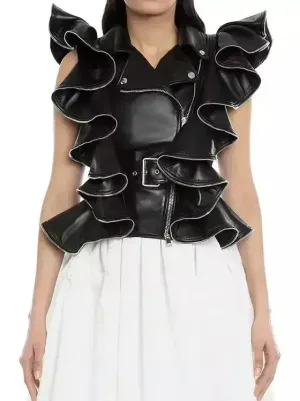 Belted Zipped Ruffle Leather Vest