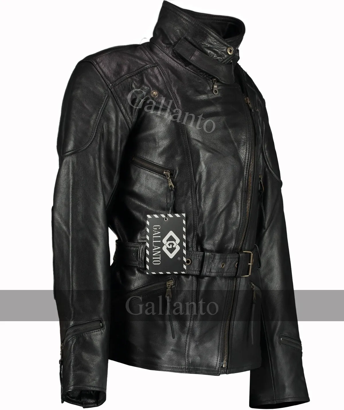 Black Demi Womens Long Leather Biker Jacket