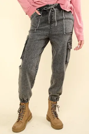 Black Washed Denim Cargo Jogger Jeans