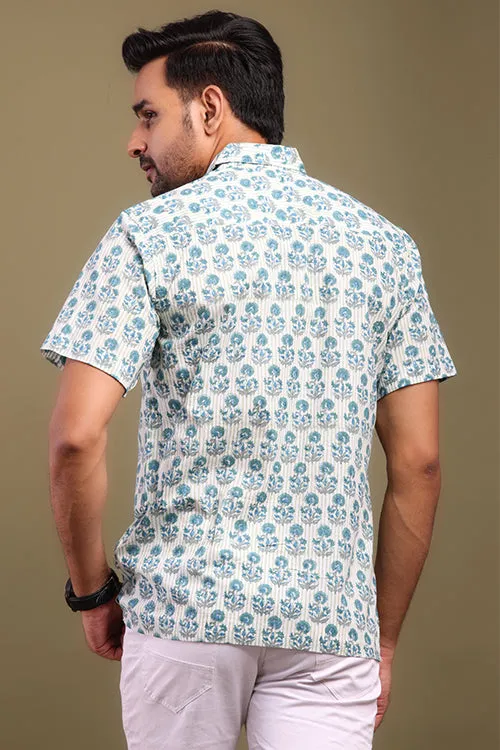 Blue And Gray Floral Printed Mens Shirt