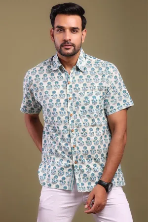 Blue And Gray Floral Printed Mens Shirt