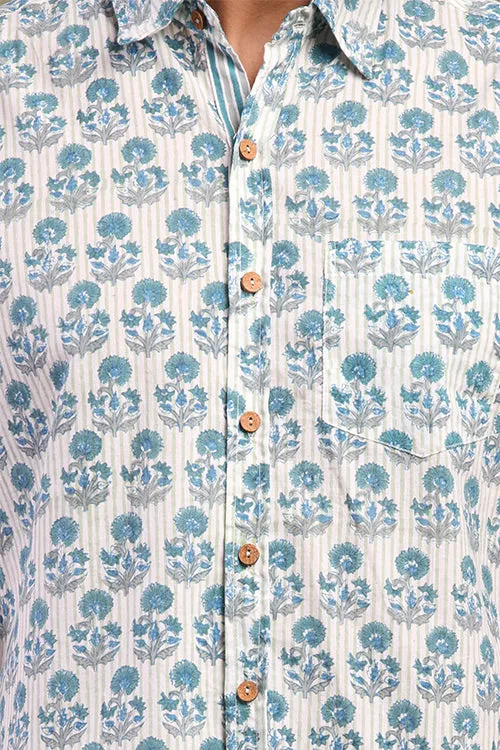 Blue And Gray Floral Printed Mens Shirt