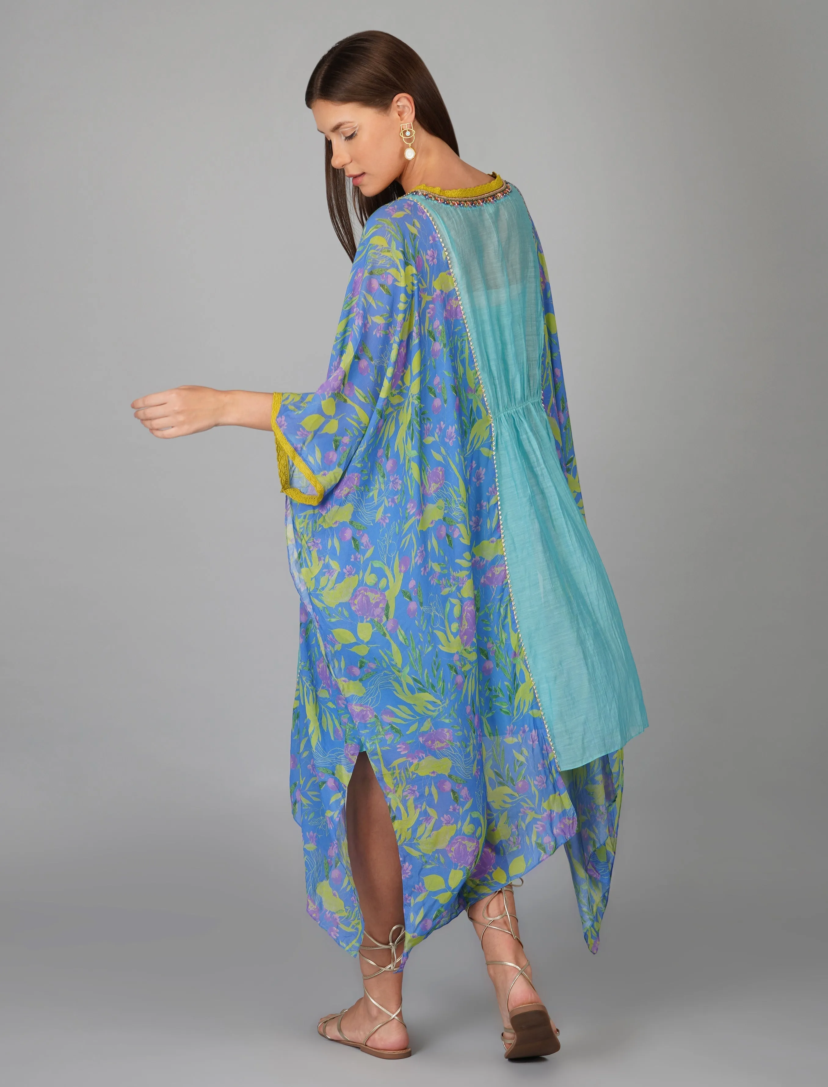 Blue Chanderi Printed Kaftan