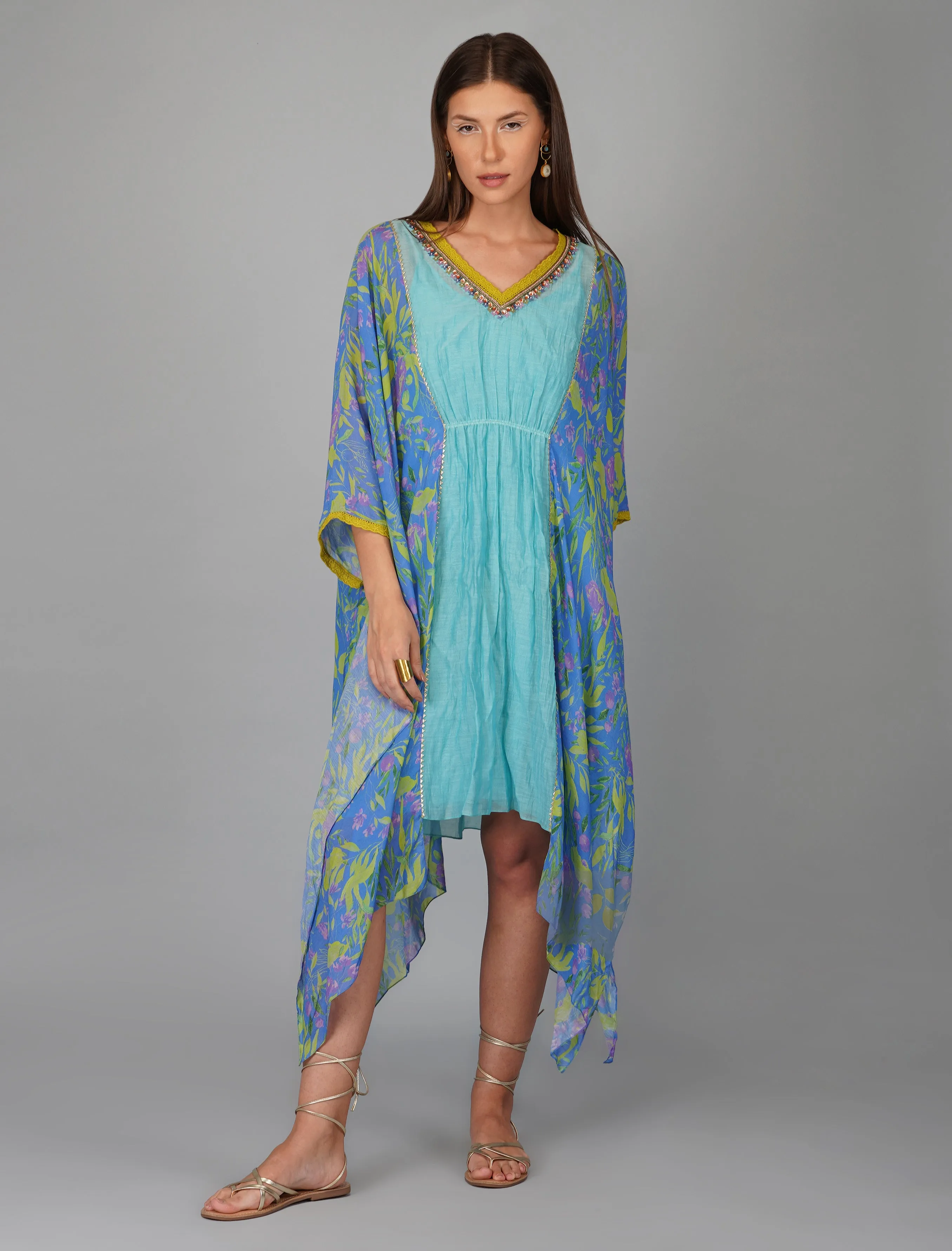 Blue Chanderi Printed Kaftan