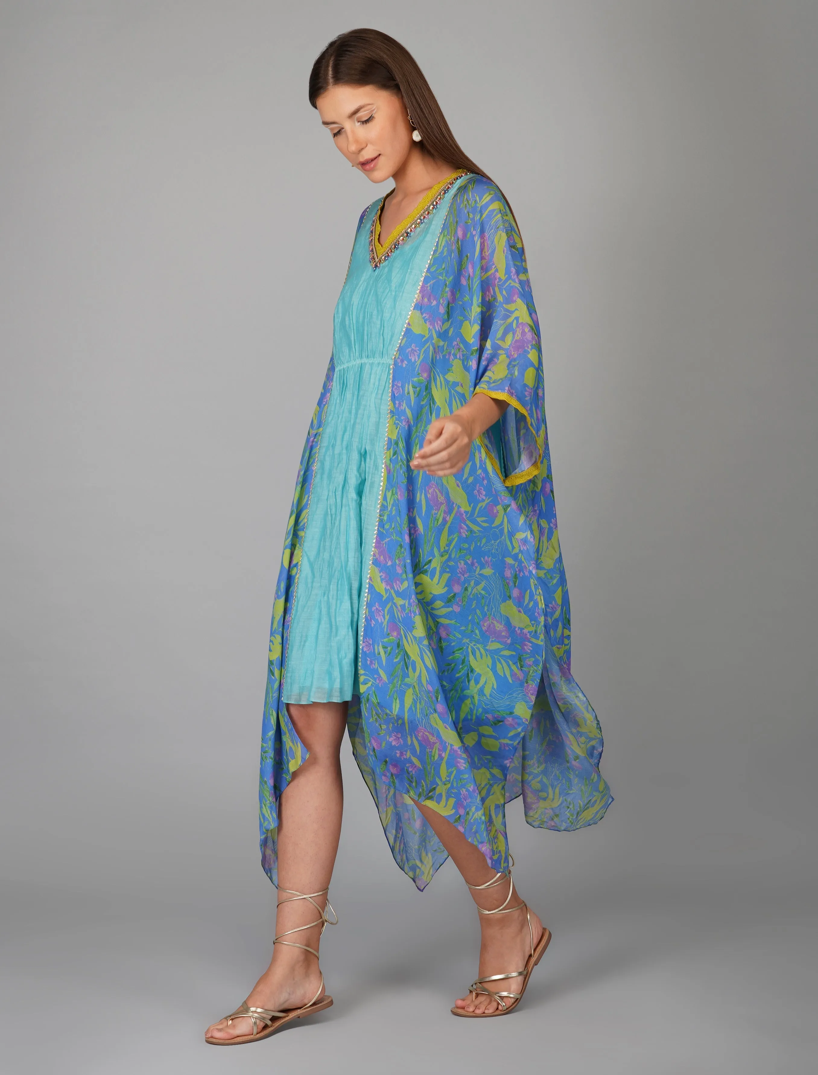 Blue Chanderi Printed Kaftan