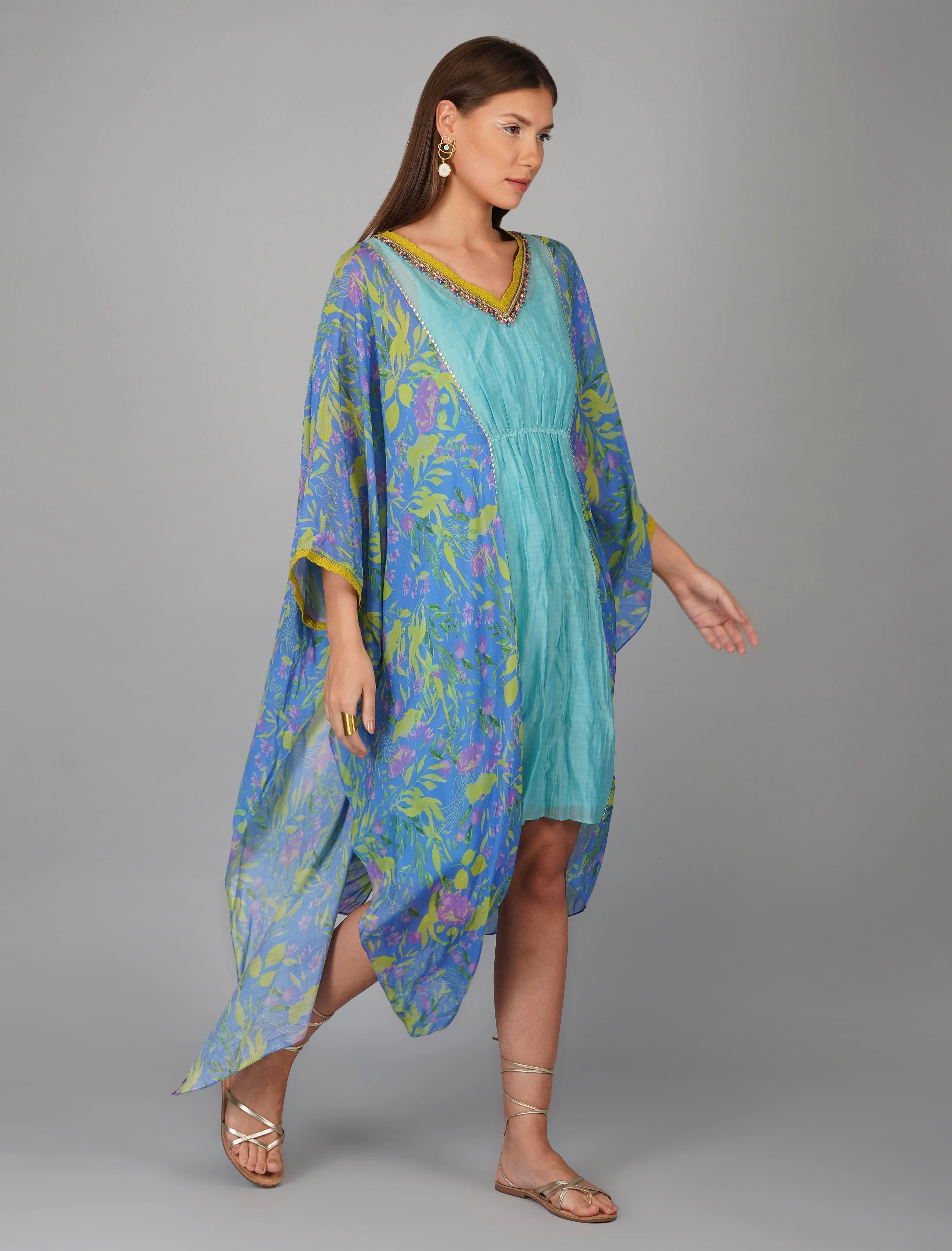 Blue Chanderi Printed Kaftan