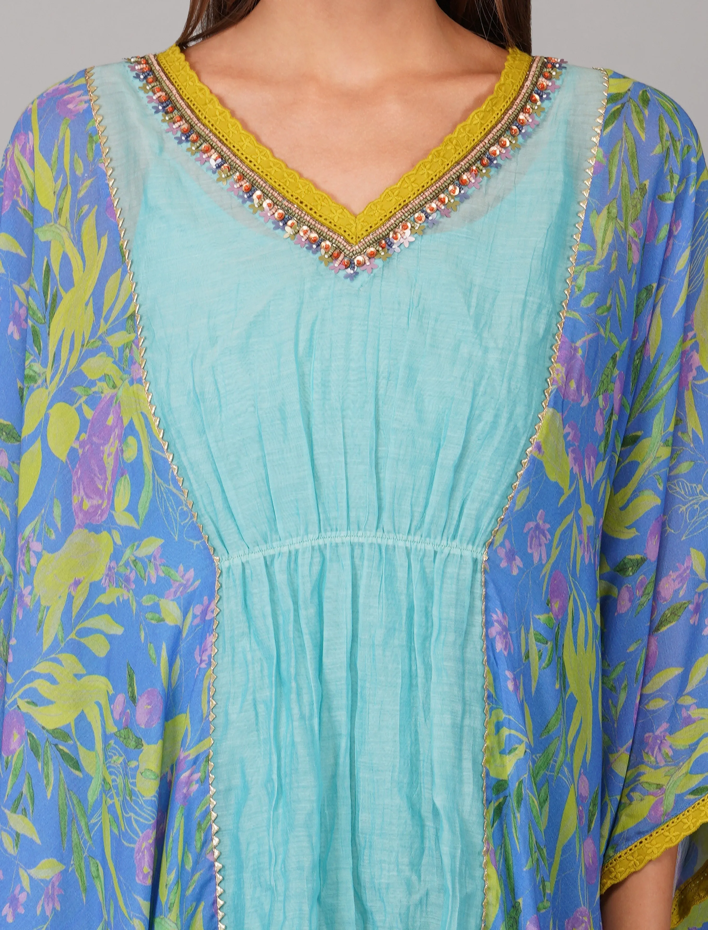 Blue Chanderi Printed Kaftan