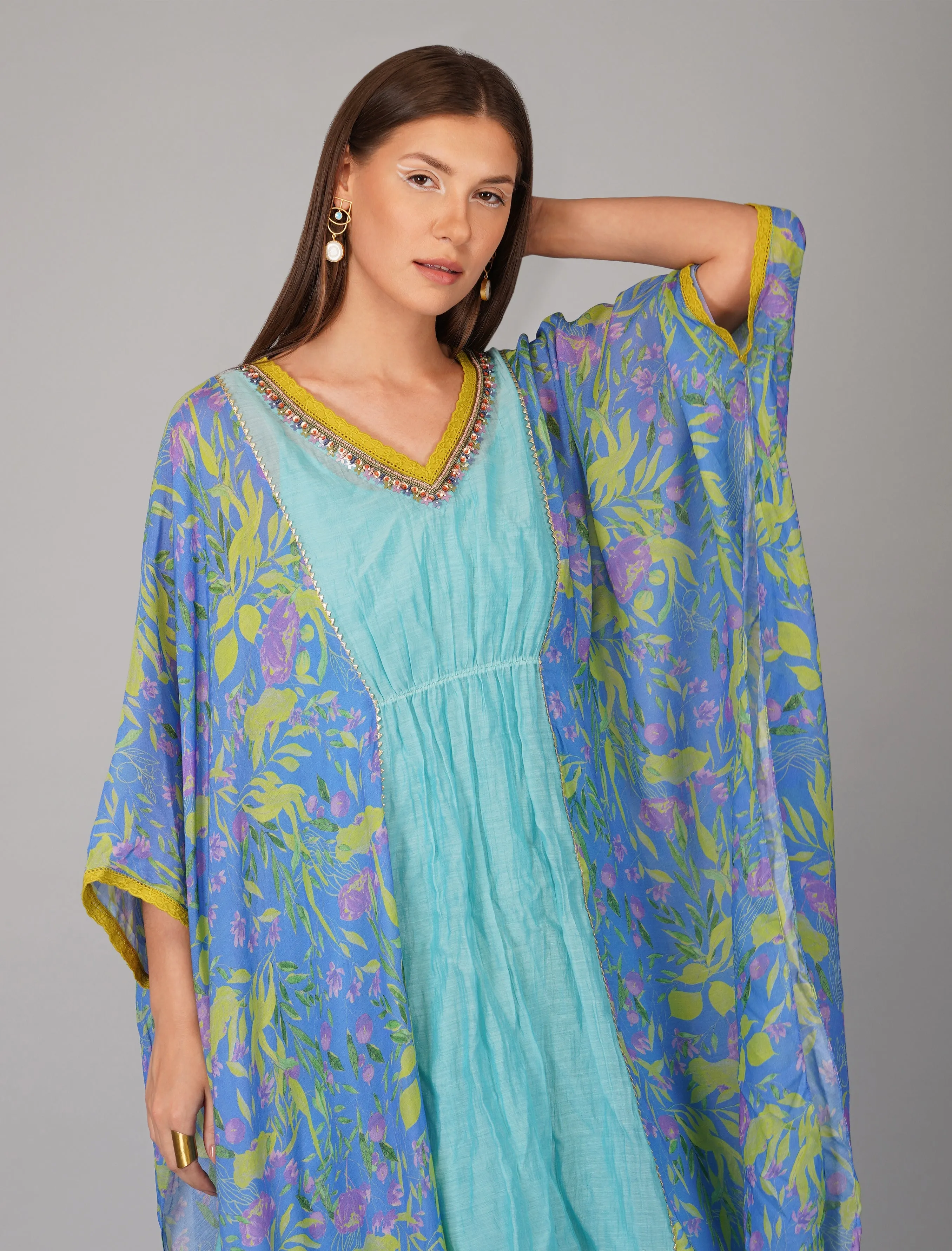 Blue Chanderi Printed Kaftan