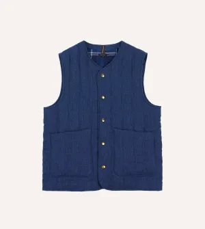 Blue Linen Quilted Snap Vest