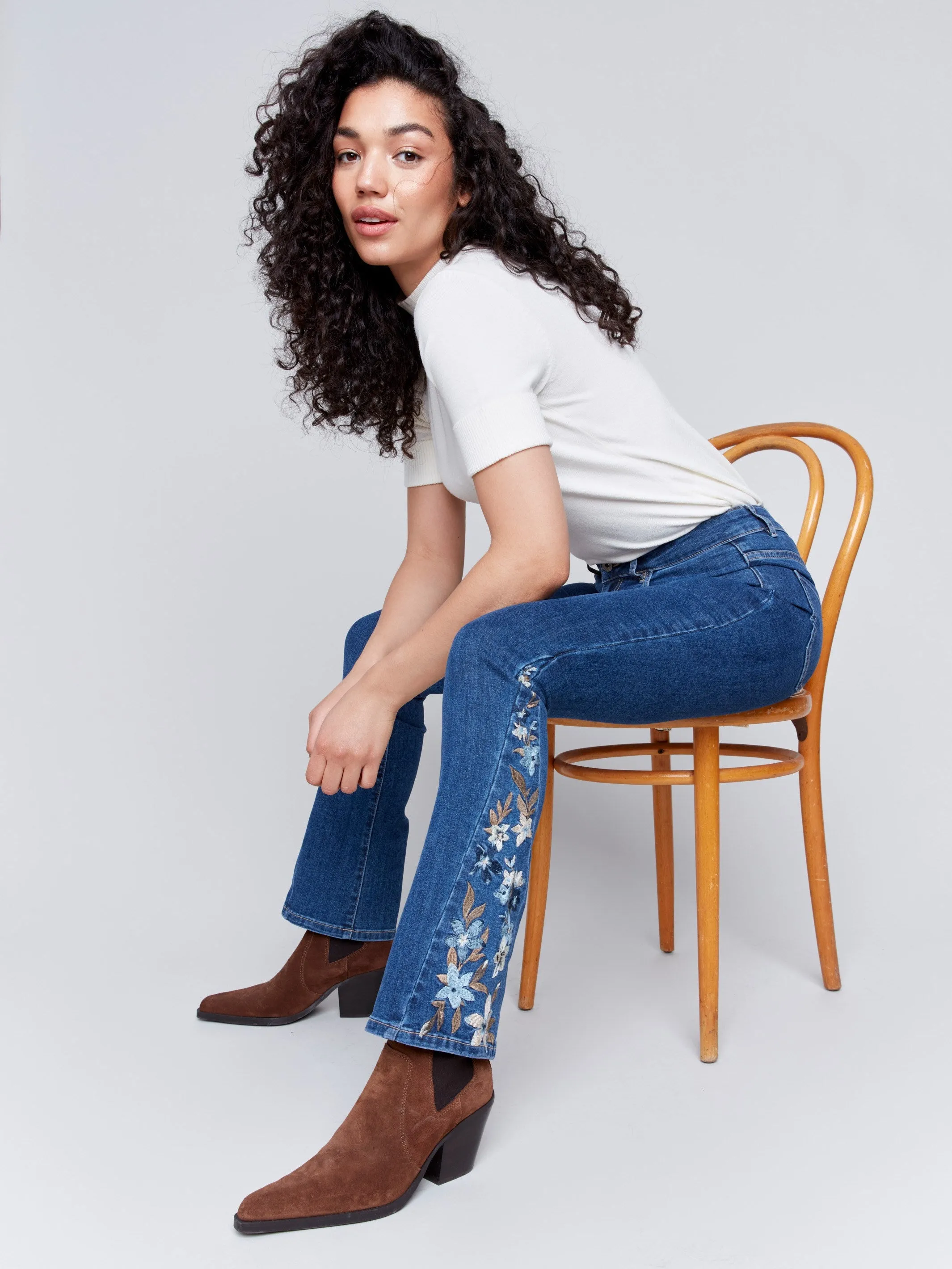 Bootcut Jeans with Floral Embroidery - Indigo