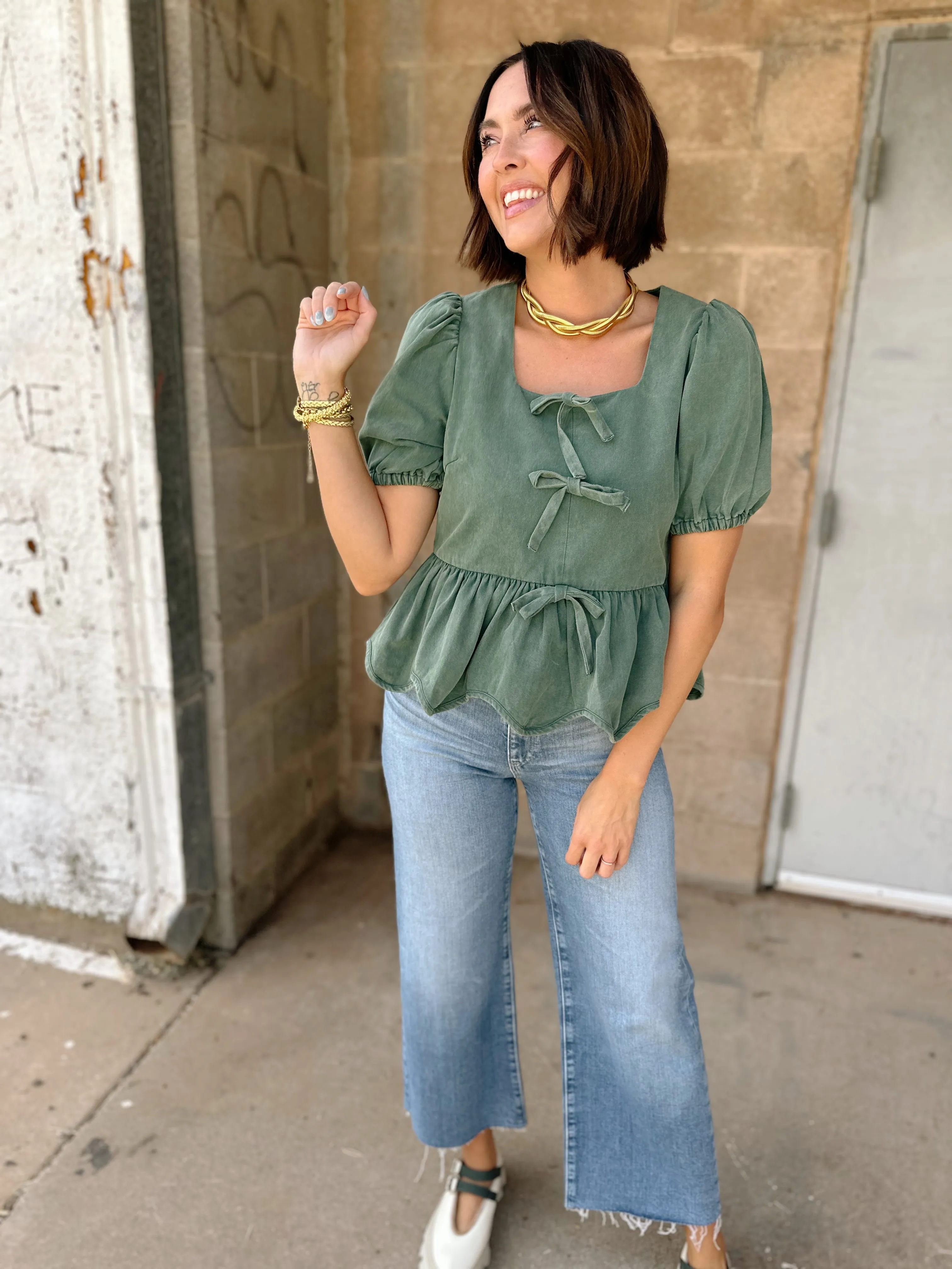 Bow Tie Puff Sleeve Top- Emerald