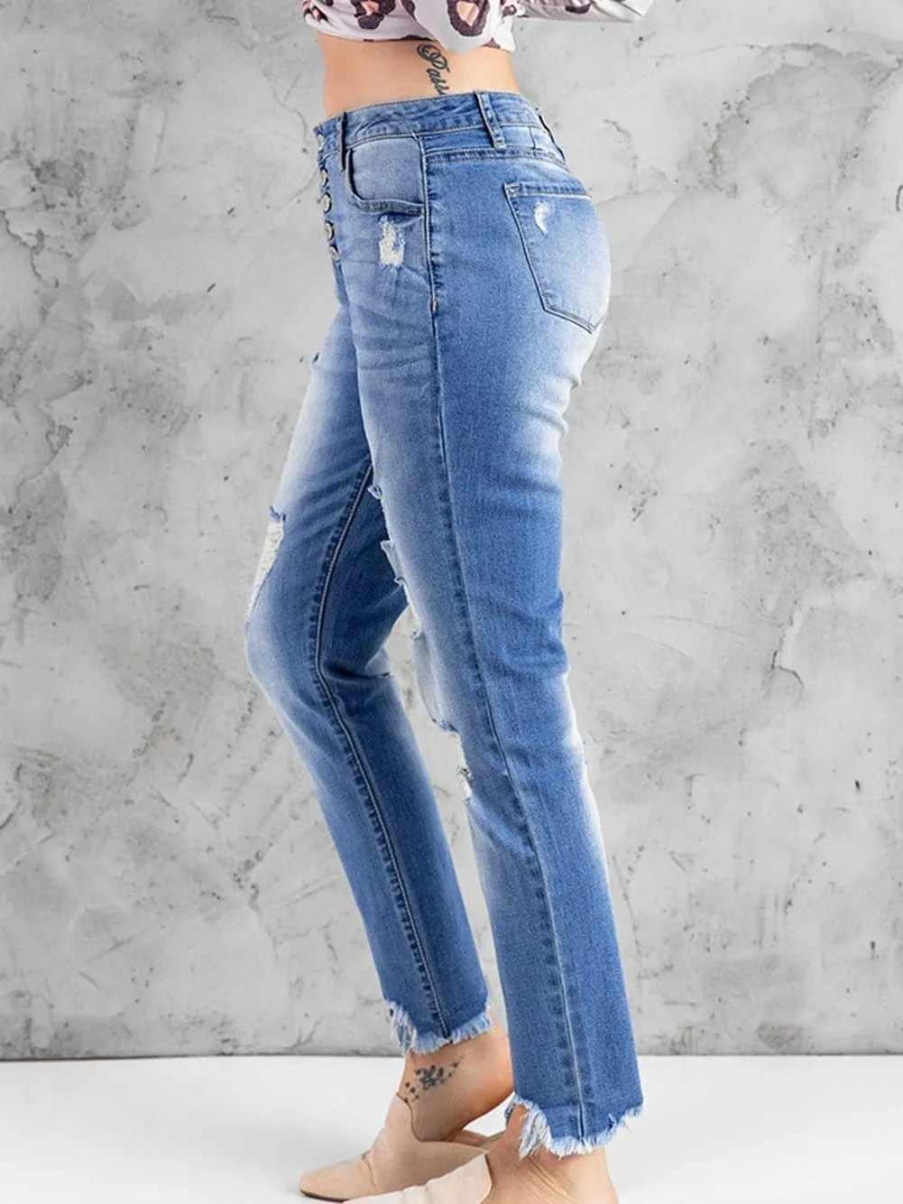 Boyfriend Fit Distressed Jeans