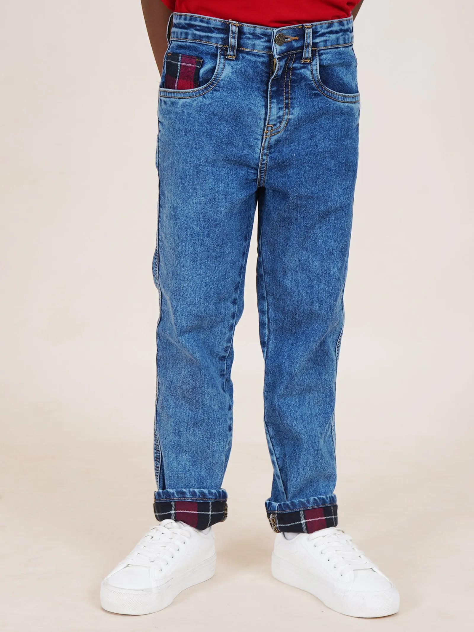 Boys Full length Denim Jeans With Contrast Red Checks Bottom Hem Roll Up