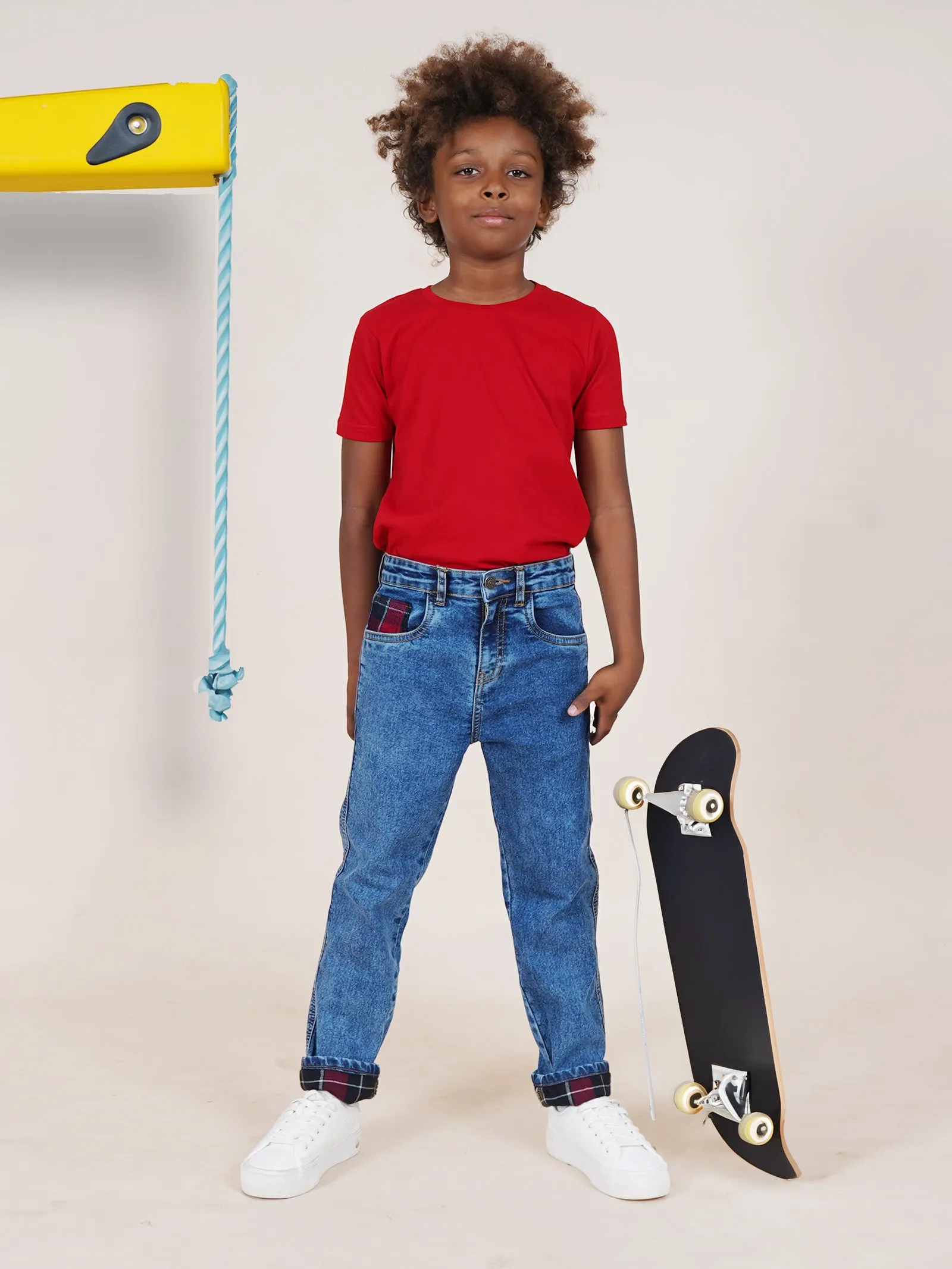 Boys Full length Denim Jeans With Contrast Red Checks Bottom Hem Roll Up