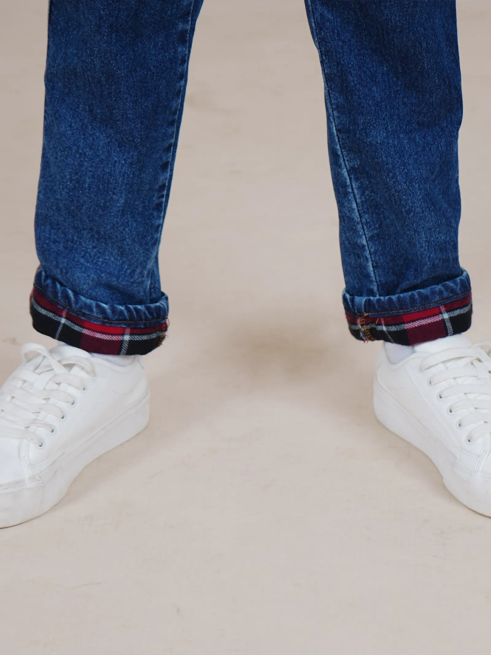 Boys Full length Denim Jeans With Contrast Red Checks Bottom Hem Roll Up