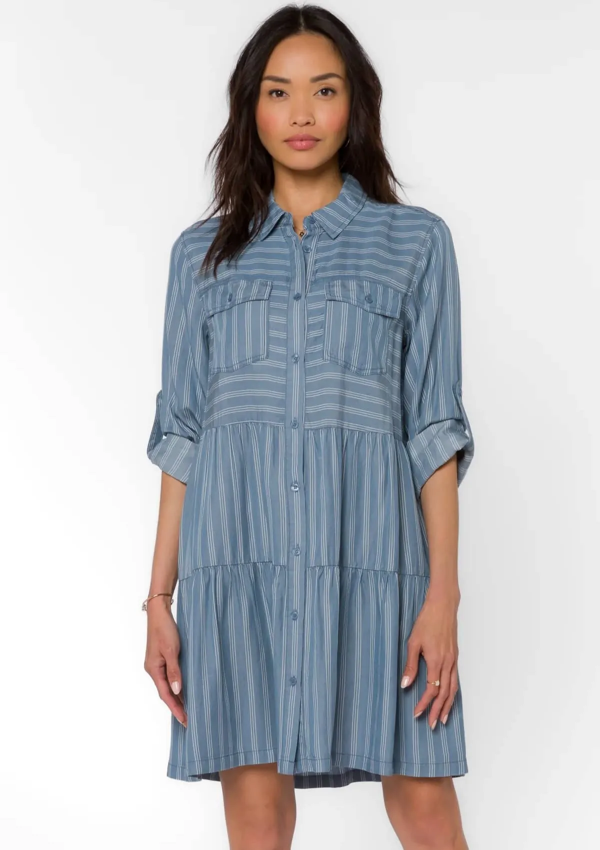 Bree Rolled Tab Sleeve Dress - Blue