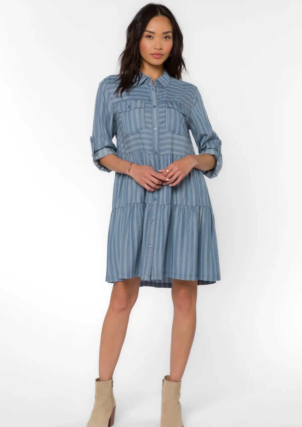 Bree Rolled Tab Sleeve Dress - Blue