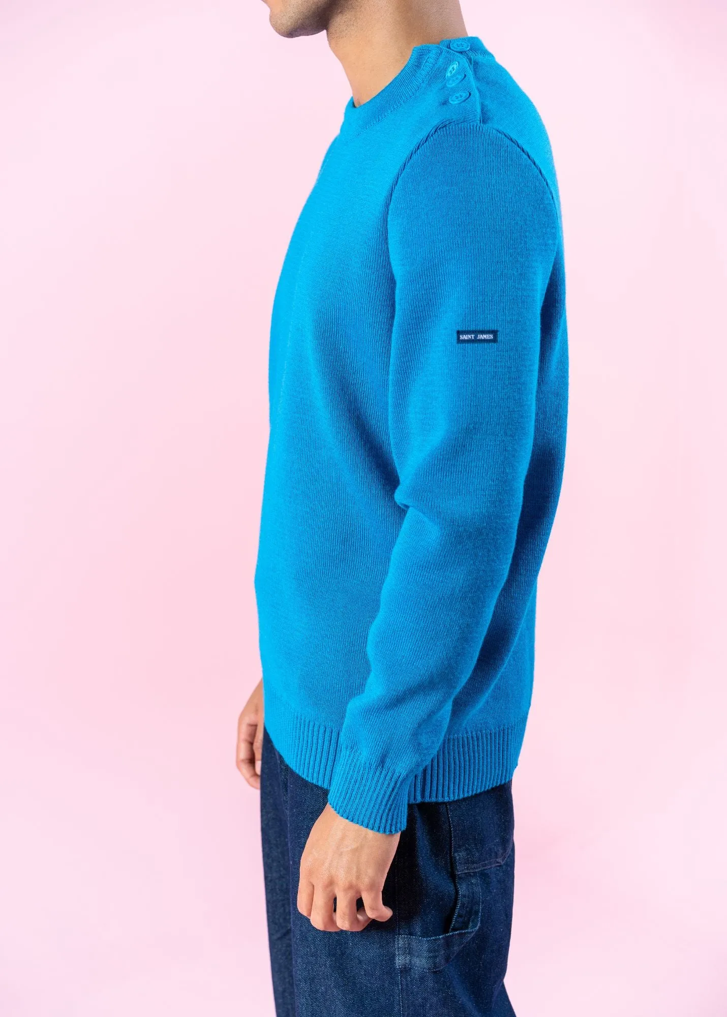 CANCALE - Wool Fisherman Sweater with Button Shoulder | Loose Fit (ELECTRIC BLUE POP / ELECTRIC BLUE)