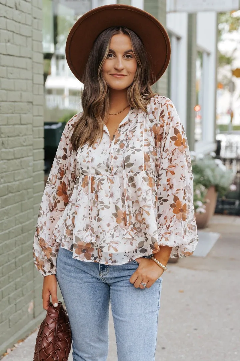 Cream Fall Floral Print Blouse - FINAL SALE