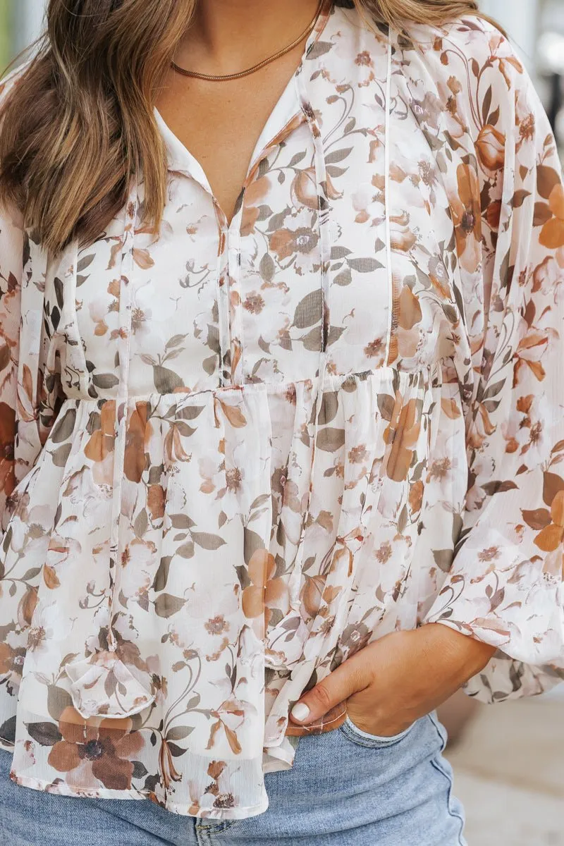 Cream Fall Floral Print Blouse - FINAL SALE