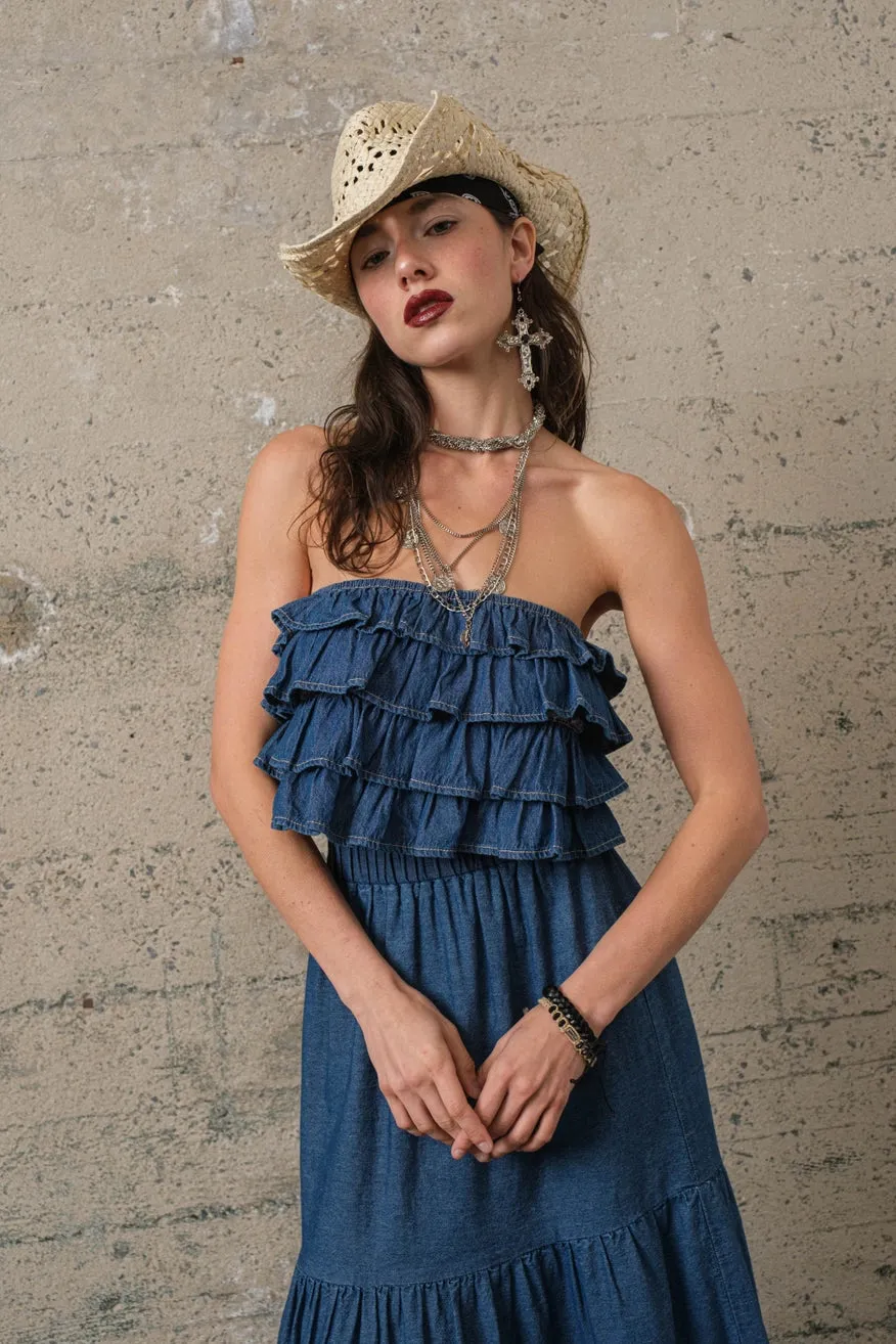 Denim Ruffle Strapless Top