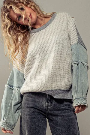 Denim Sleeve Drop Shoulder Two Tone Knit Solid Sweater