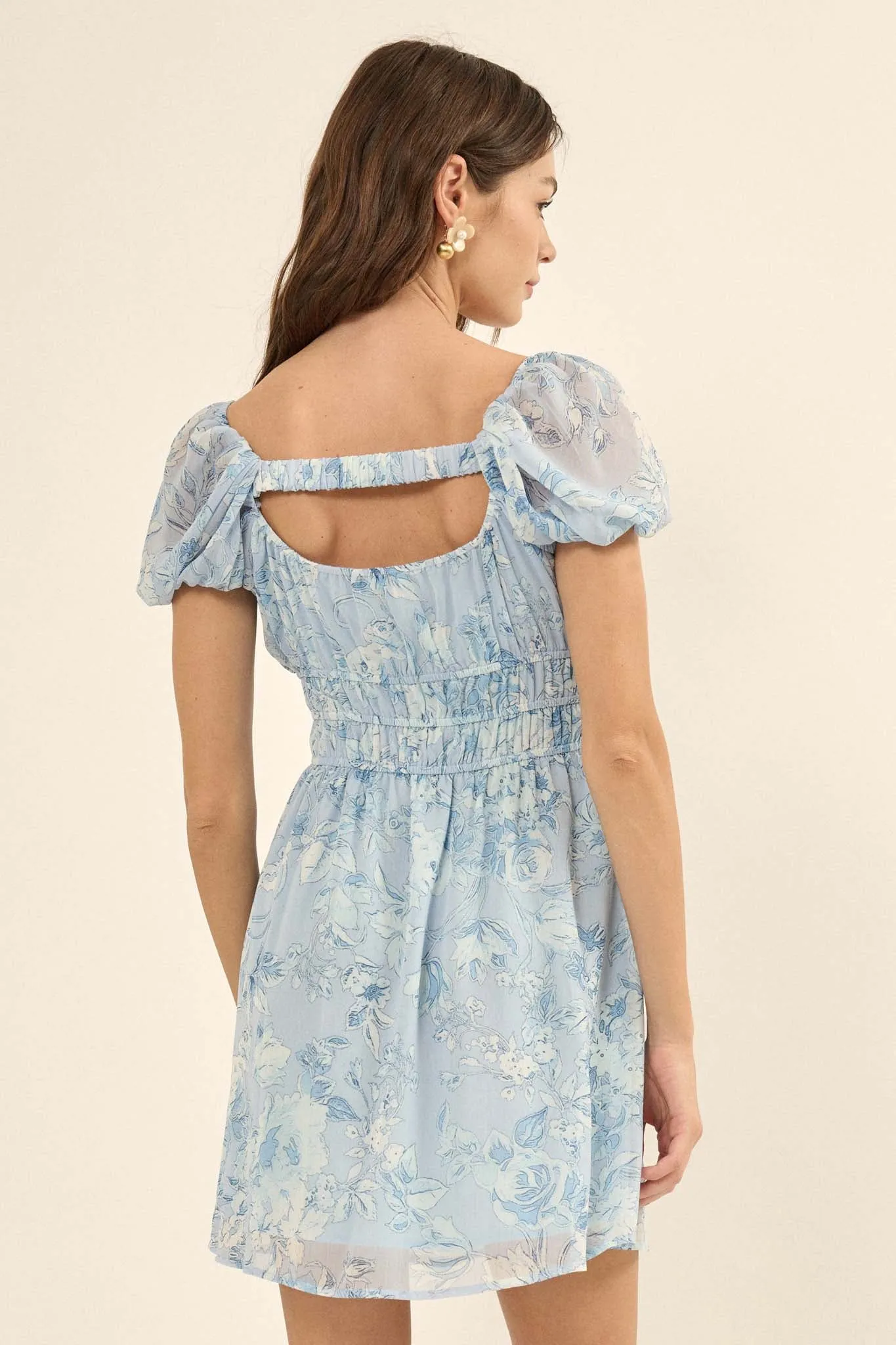 Fantasy Garden Floral Chiffon Peasant Mini Dress