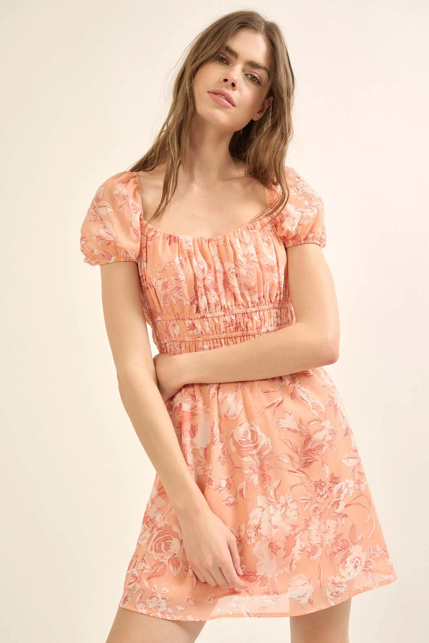 Fantasy Garden Floral Chiffon Peasant Mini Dress