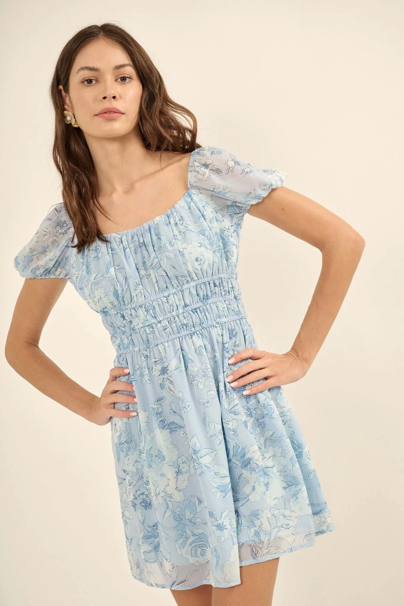 Fantasy Garden Floral Chiffon Peasant Mini Dress