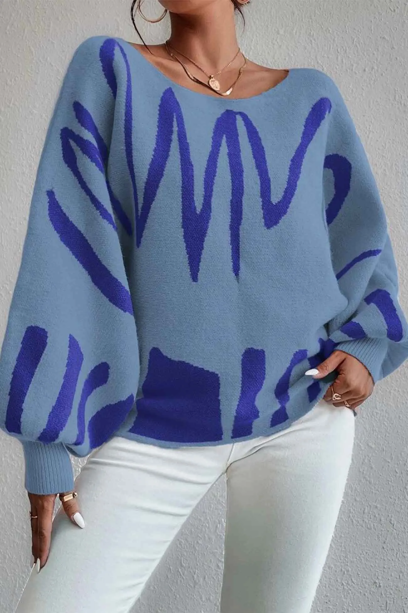 Geometric Lantern Sleeve Knitted Sweater