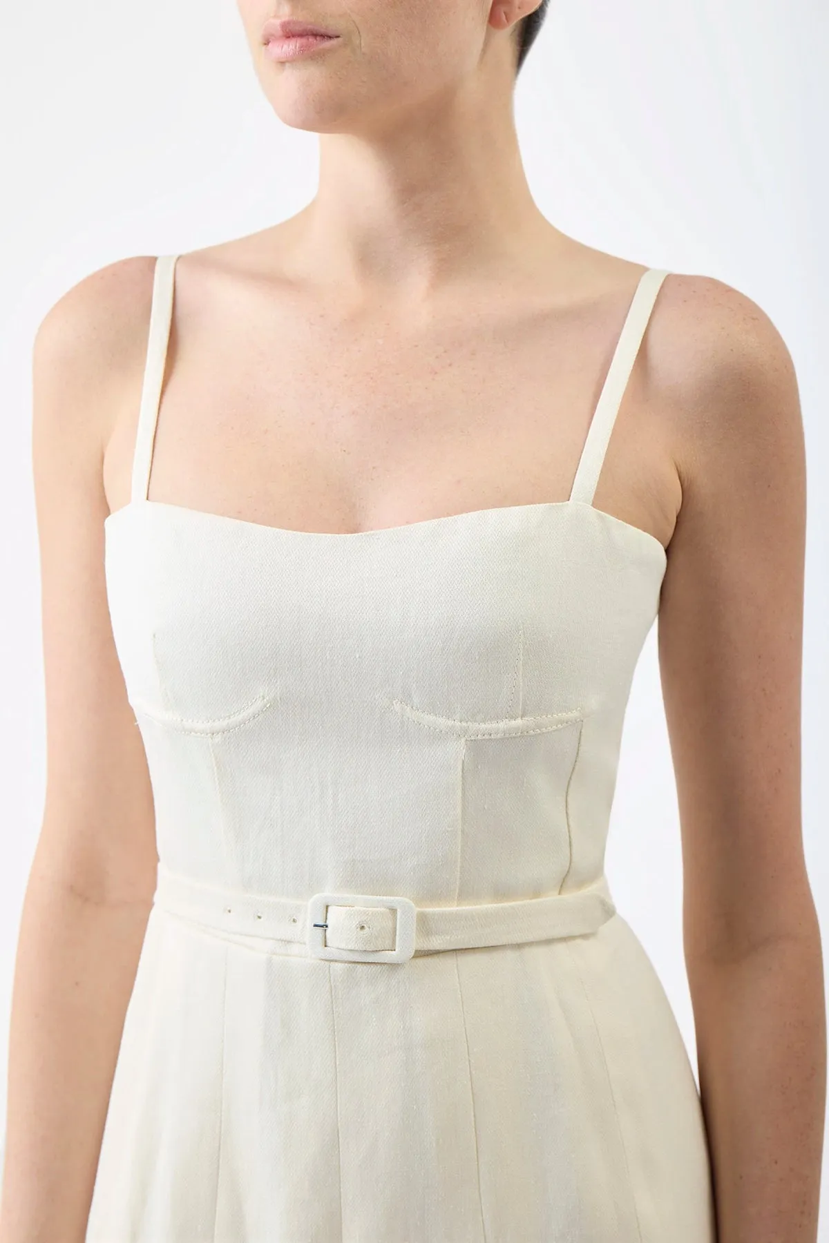 Godard Pleated Dress in Ivory Textured Linen