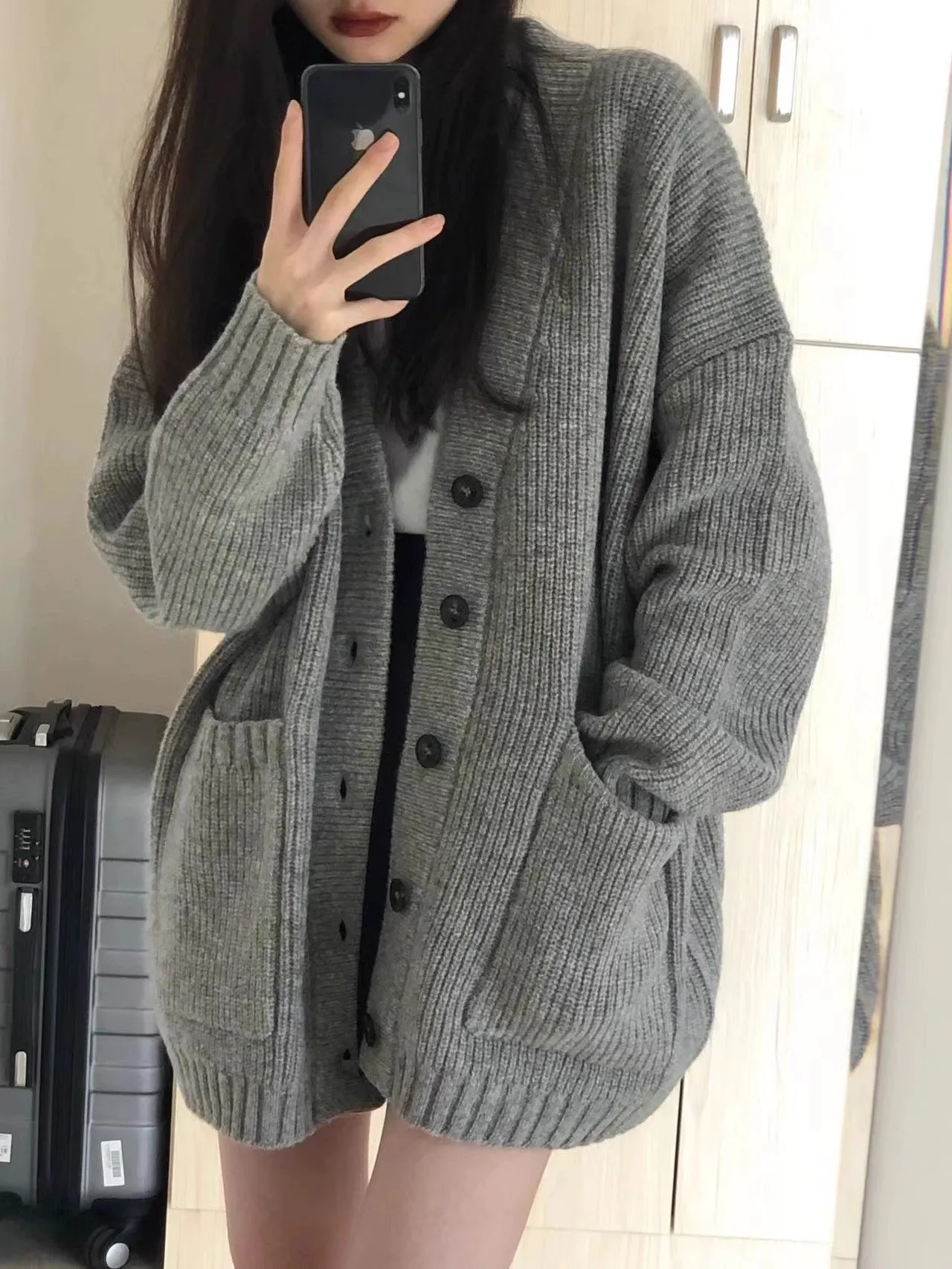 gray knitted sweater coat cardigan women's top     S3394