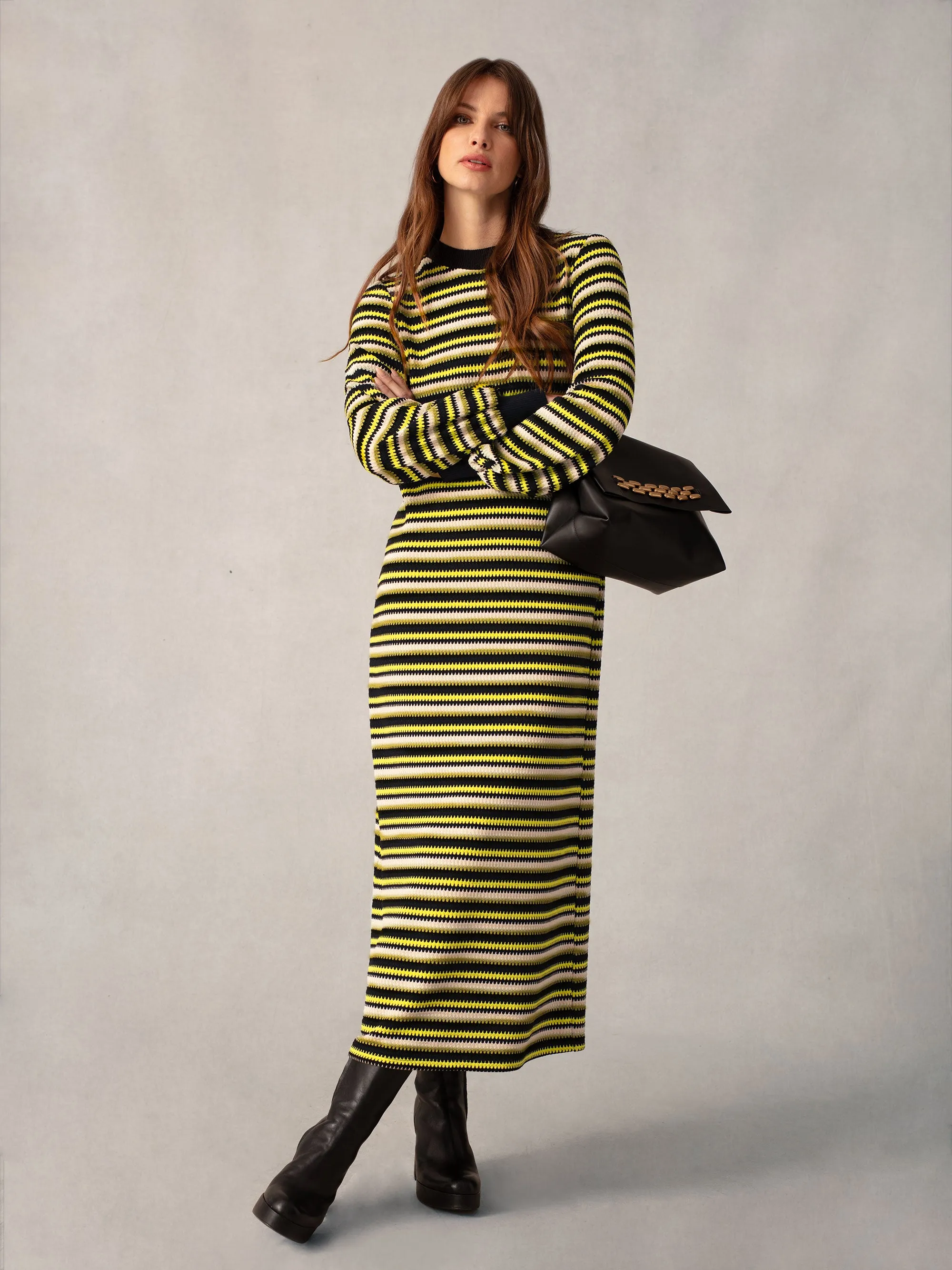 Green Textured Stripe Knitted Dress