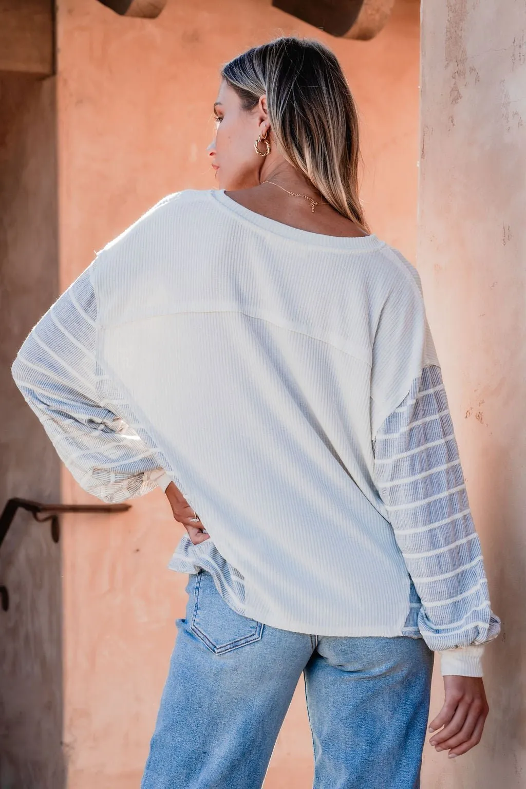 Grey and Cream Contrast Striped Sweater