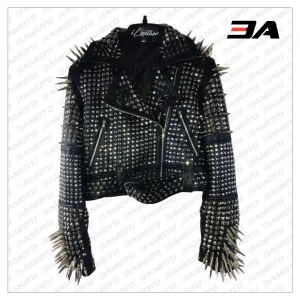 Handmade Women's Black Fashion Long Studded Punk Style Leather Jacket