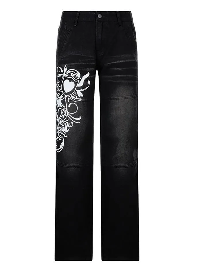 Joskaa Vintage Washed Heart Print Jeans