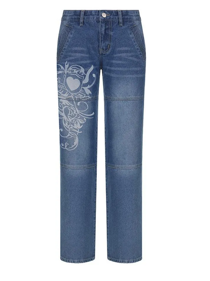 Joskaa Vintage Washed Heart Print Jeans