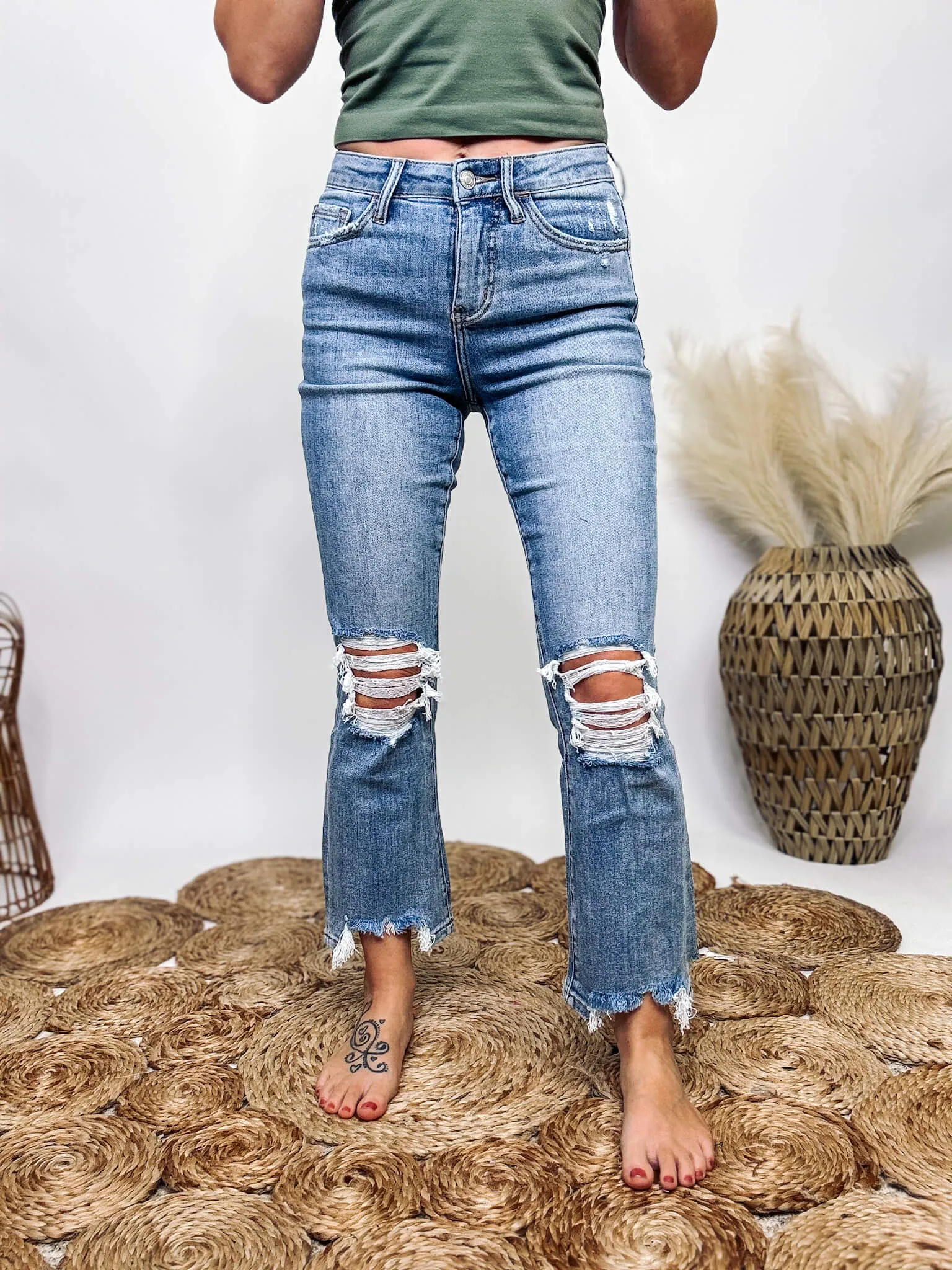 Light Wash Kick Flare Comfort Stretch Distressed Jeans