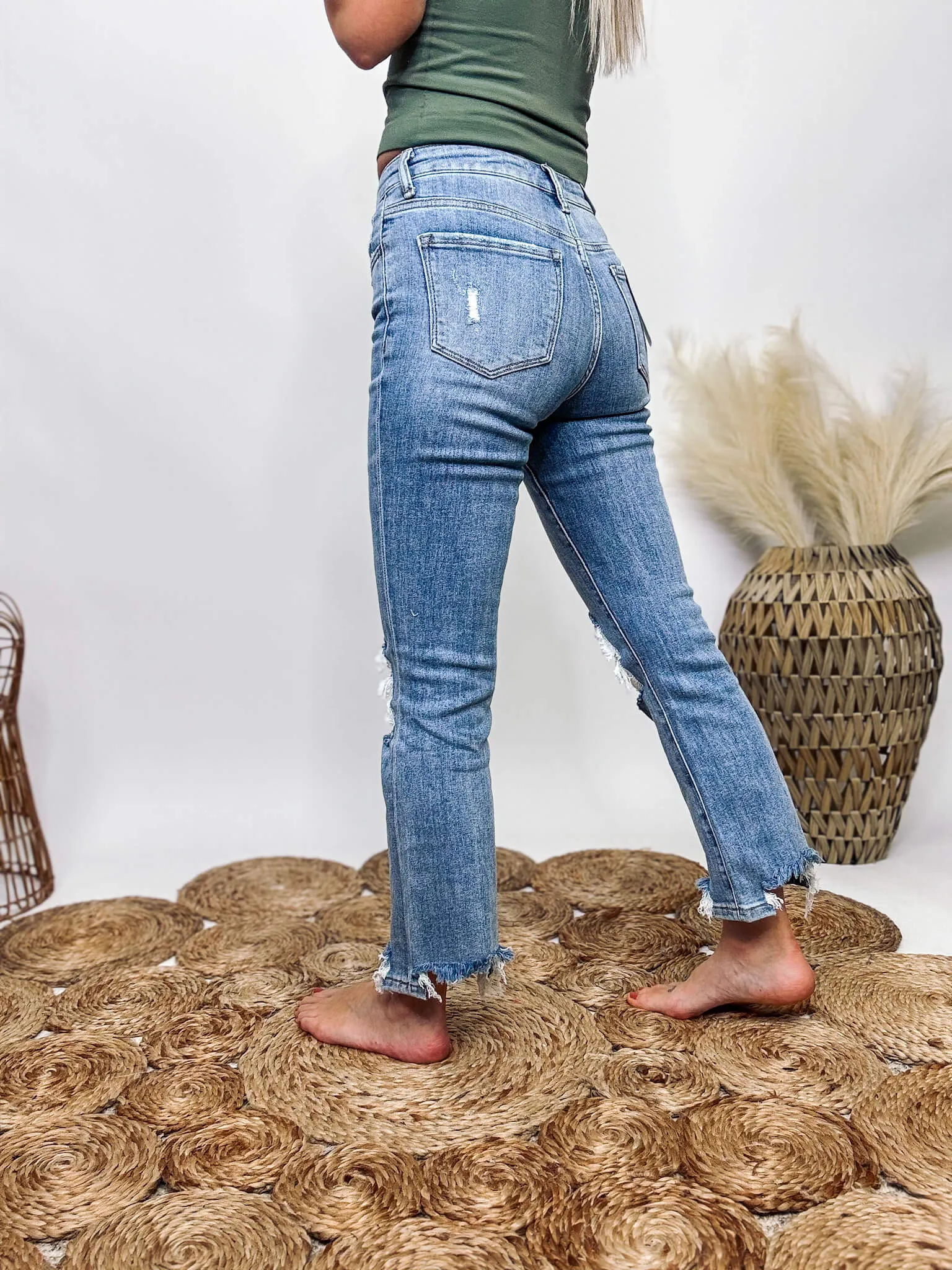 Light Wash Kick Flare Comfort Stretch Distressed Jeans