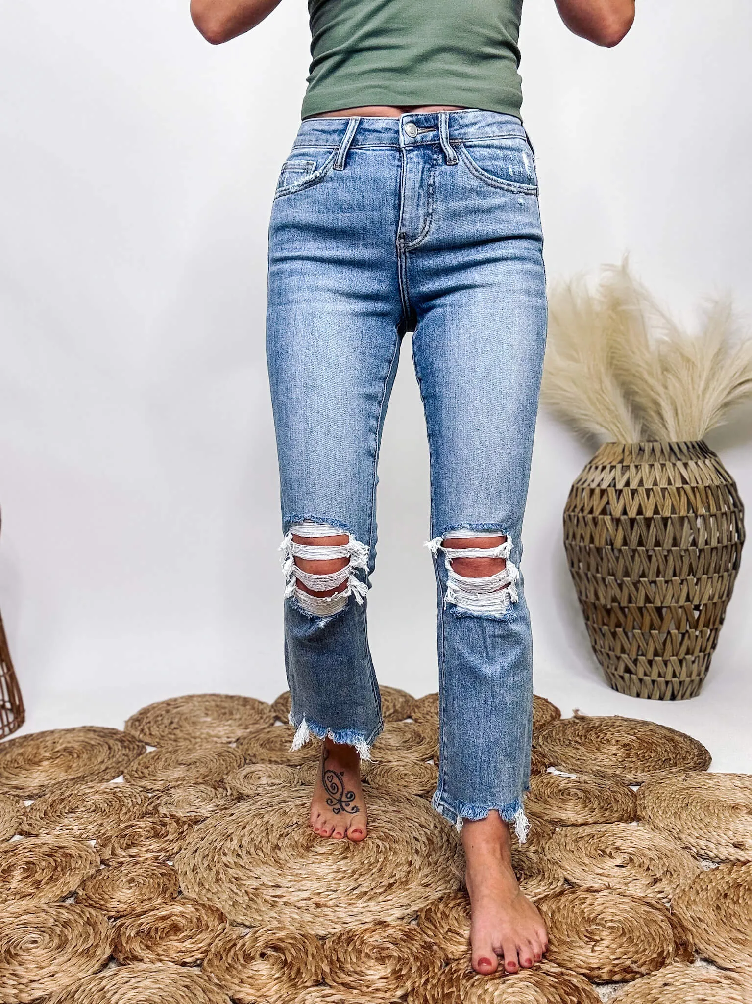 Light Wash Kick Flare Comfort Stretch Distressed Jeans