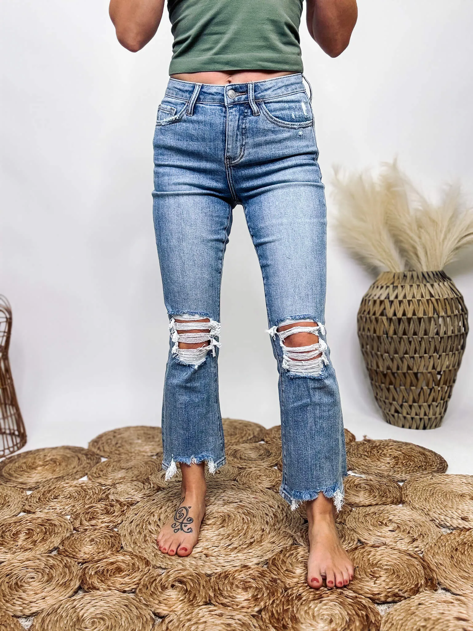 Light Wash Kick Flare Comfort Stretch Distressed Jeans